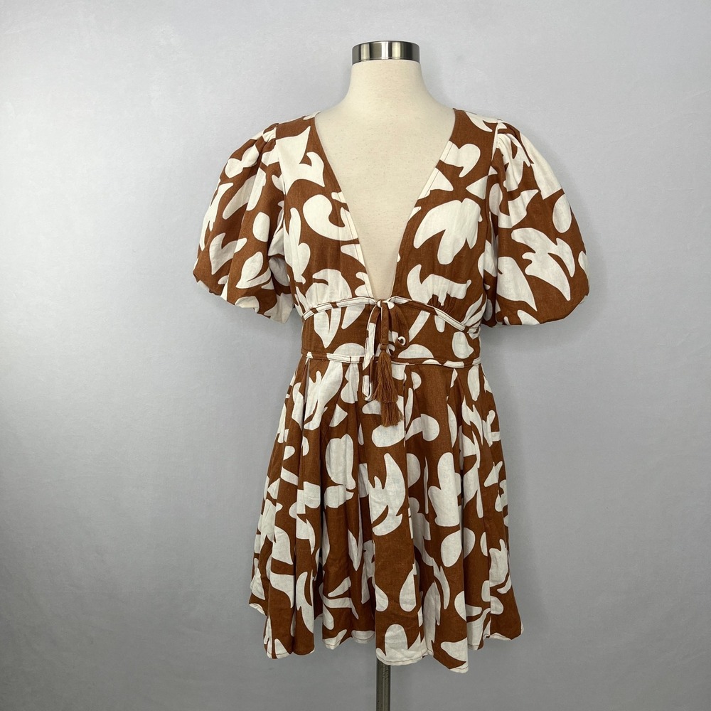House of Harlow 1960 Mini Dress 6 Floral Brown Ivory Vacation Party Puff Sleeve - Picture 4 of 15